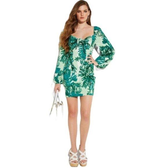 NEW Guess x Jennifer Lopez Green Stretchy Junglescape Mini Dress Extra Small - Picture 2 of 16